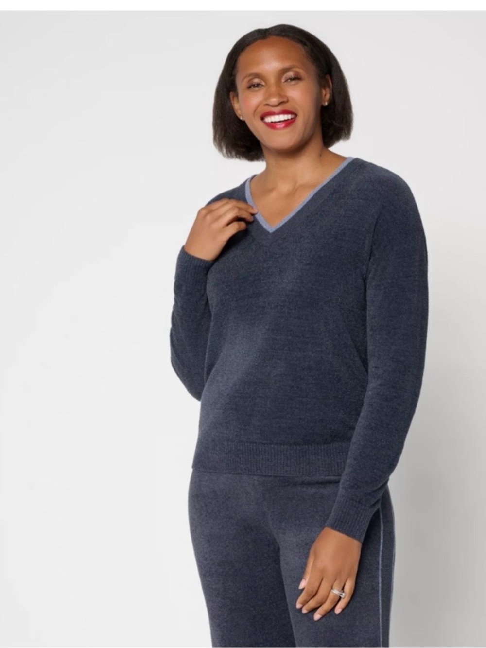 CozyChic Ultra Lite contrast V-Neck Womenโs pullover Sweater in Dark Navy
